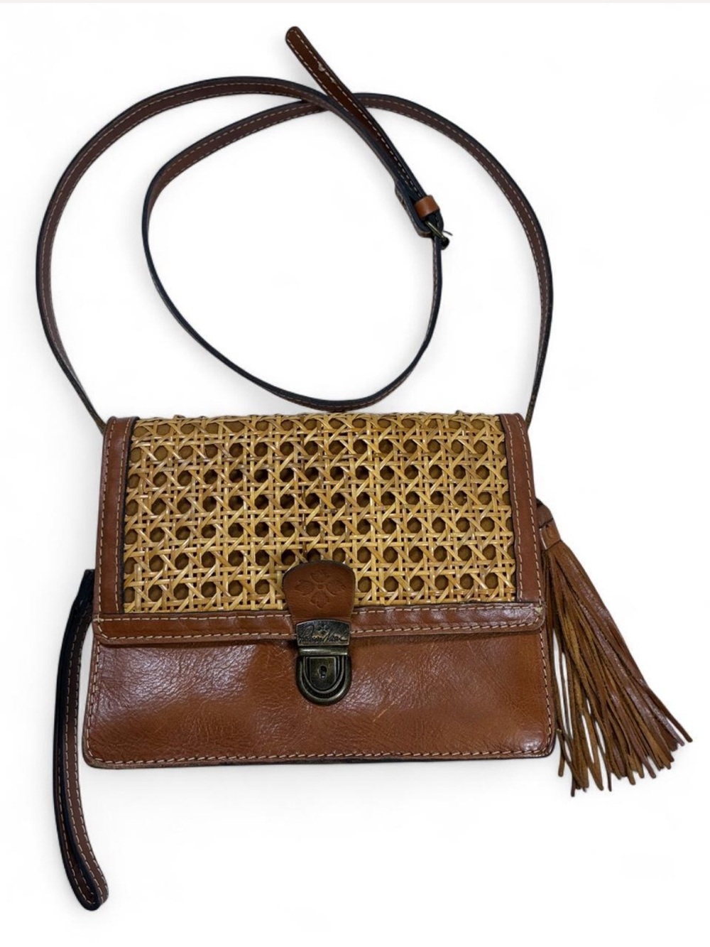 Patricia Nash Brown Leather Woven Cane Crossbody Purse Tassel & Wristlet Strap